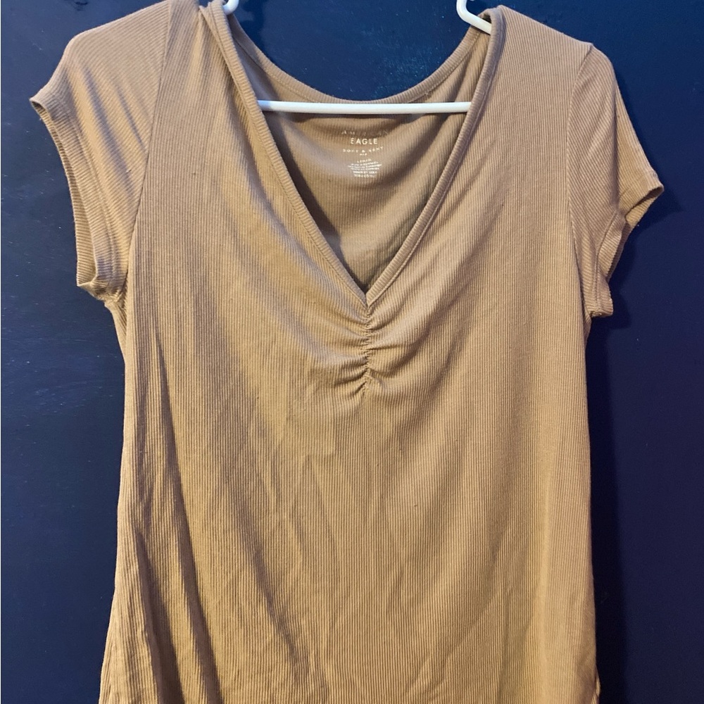 American Eagle Outfitters Tan Ruched Short Sleeve Blouse
